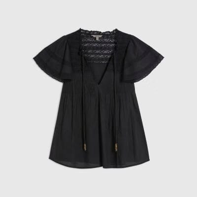 Black Ruffle Sleeve Lace Blouse