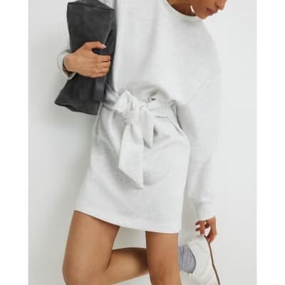 Grey Tie Front Mini Sweatshirt Dress