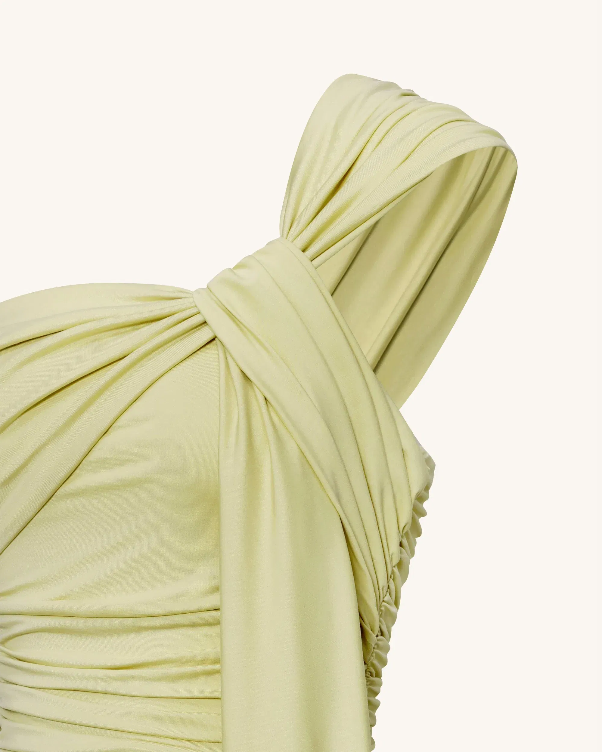 Ruched One-Shoulder Maxi Dress with Trailing Sash - Green