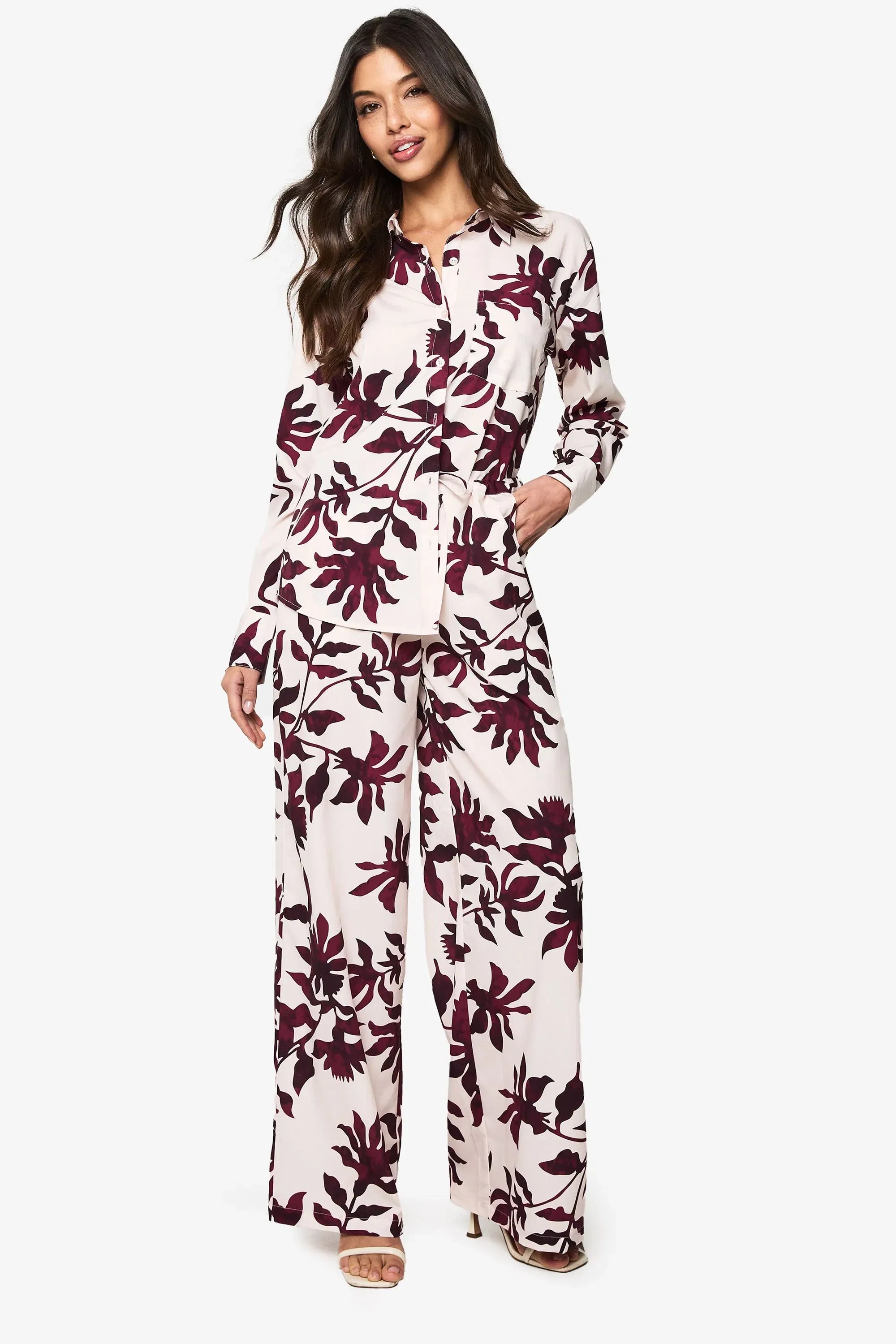 Basic Woven Large Floral Drawstring Wide Leg Trousers