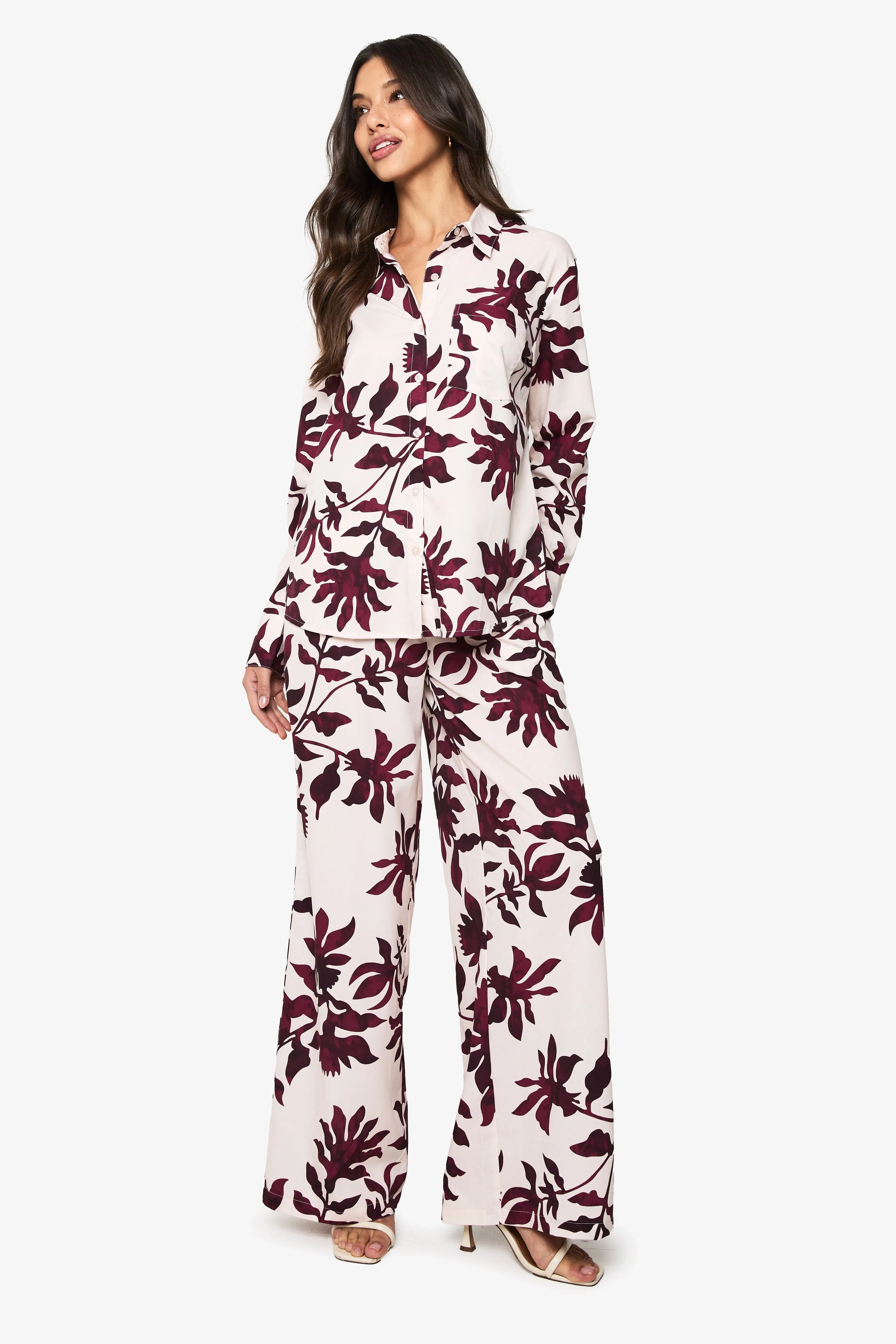 Basic Woven Large Floral Drawstring Wide Leg Trousers