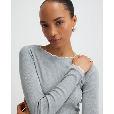 Grey Long Sleeve Scallop Trim Top