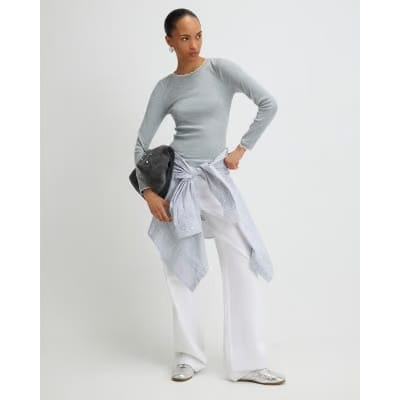 Grey Long Sleeve Scallop Trim Top