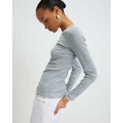 Grey Long Sleeve Scallop Trim Top