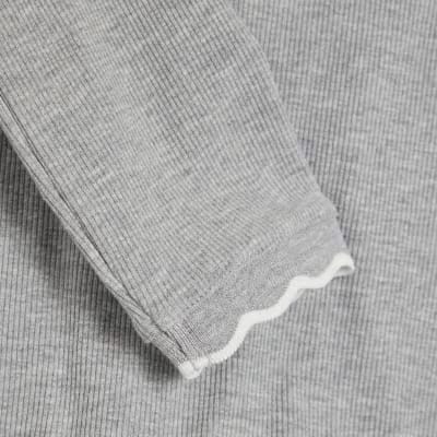 Grey Long Sleeve Scallop Trim Top