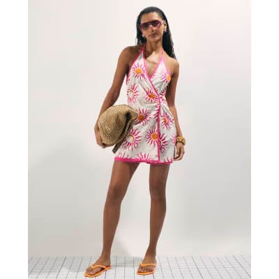 White Sun Print Halter Neck Playsuit