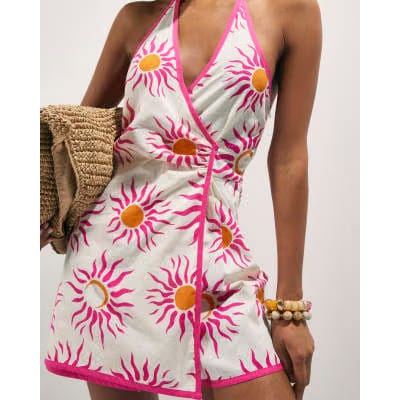 White Sun Print Halter Neck Playsuit