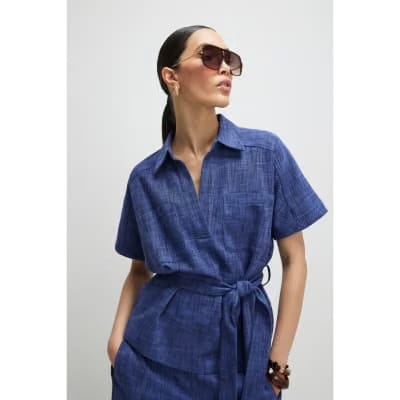 Navy Linen Look Collared Belted Top