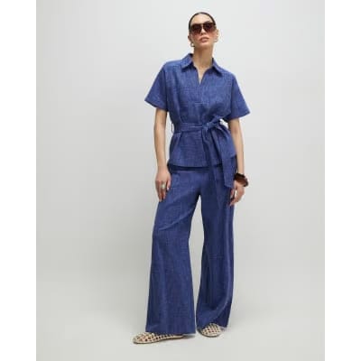 Navy Linen Look Collared Belted Top