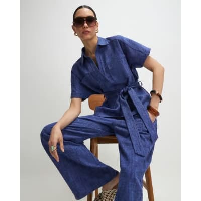 Navy Linen Look Collared Belted Top