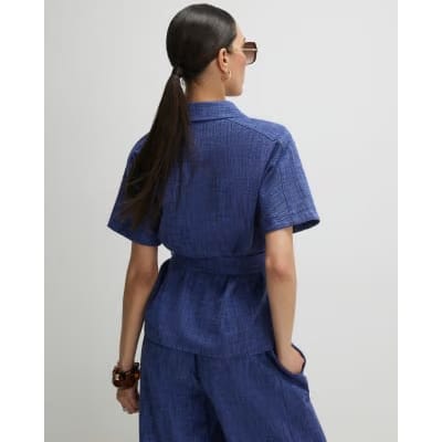 Navy Linen Look Collared Belted Top