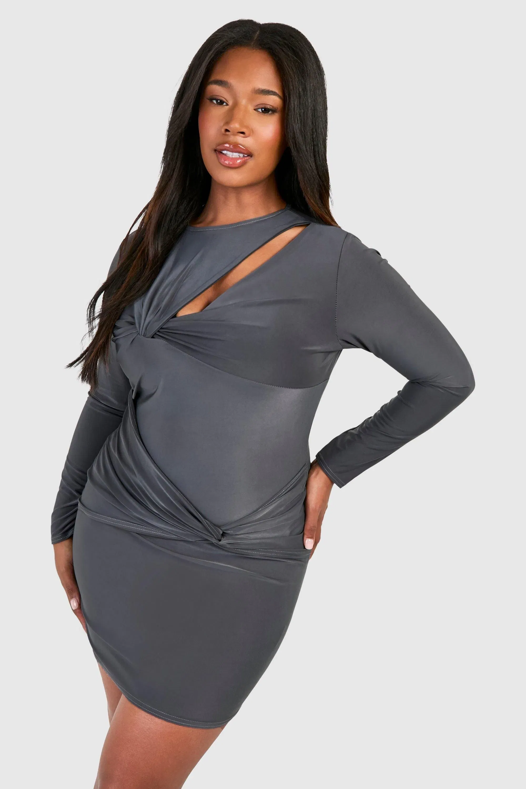 Plus Knot Detail Long Sleeve Slinky Mini Dress