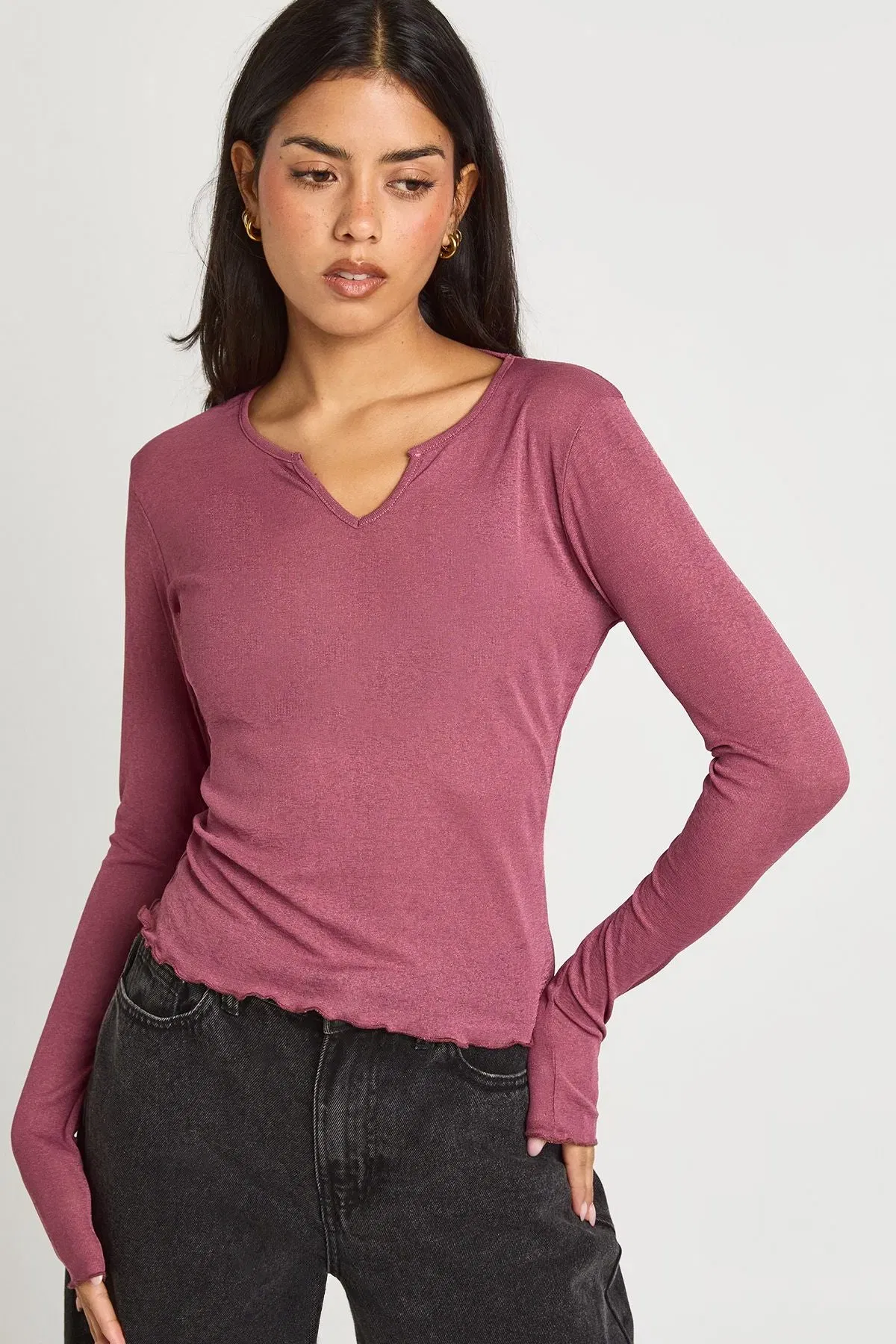 Textured Mesh V Neck Front Long Sleeve Top