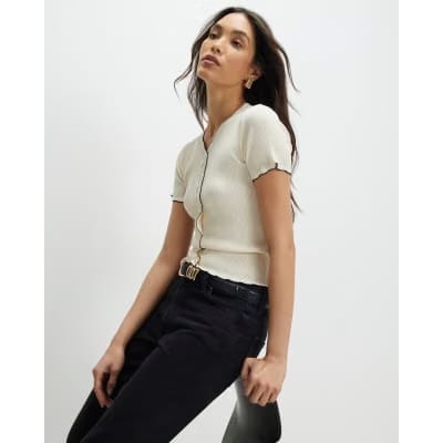 Cream Knitted Frill Trim Ribbed Top