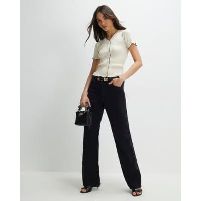Cream Knitted Frill Trim Ribbed Top