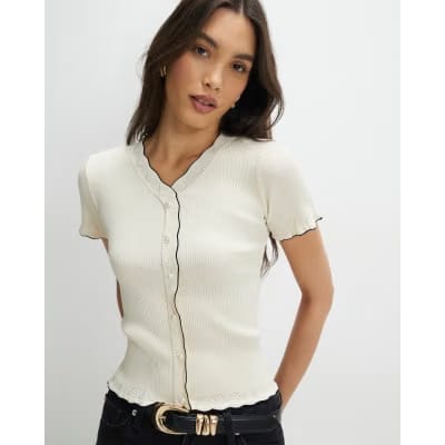 Cream Knitted Frill Trim Ribbed Top