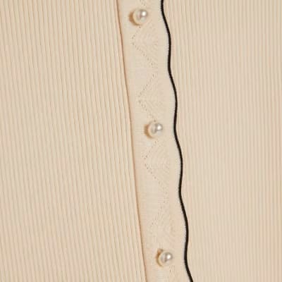 Cream Knitted Frill Trim Ribbed Top