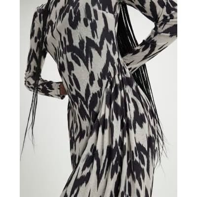 Cream Animal Print Long Sleeve Maxi Dress