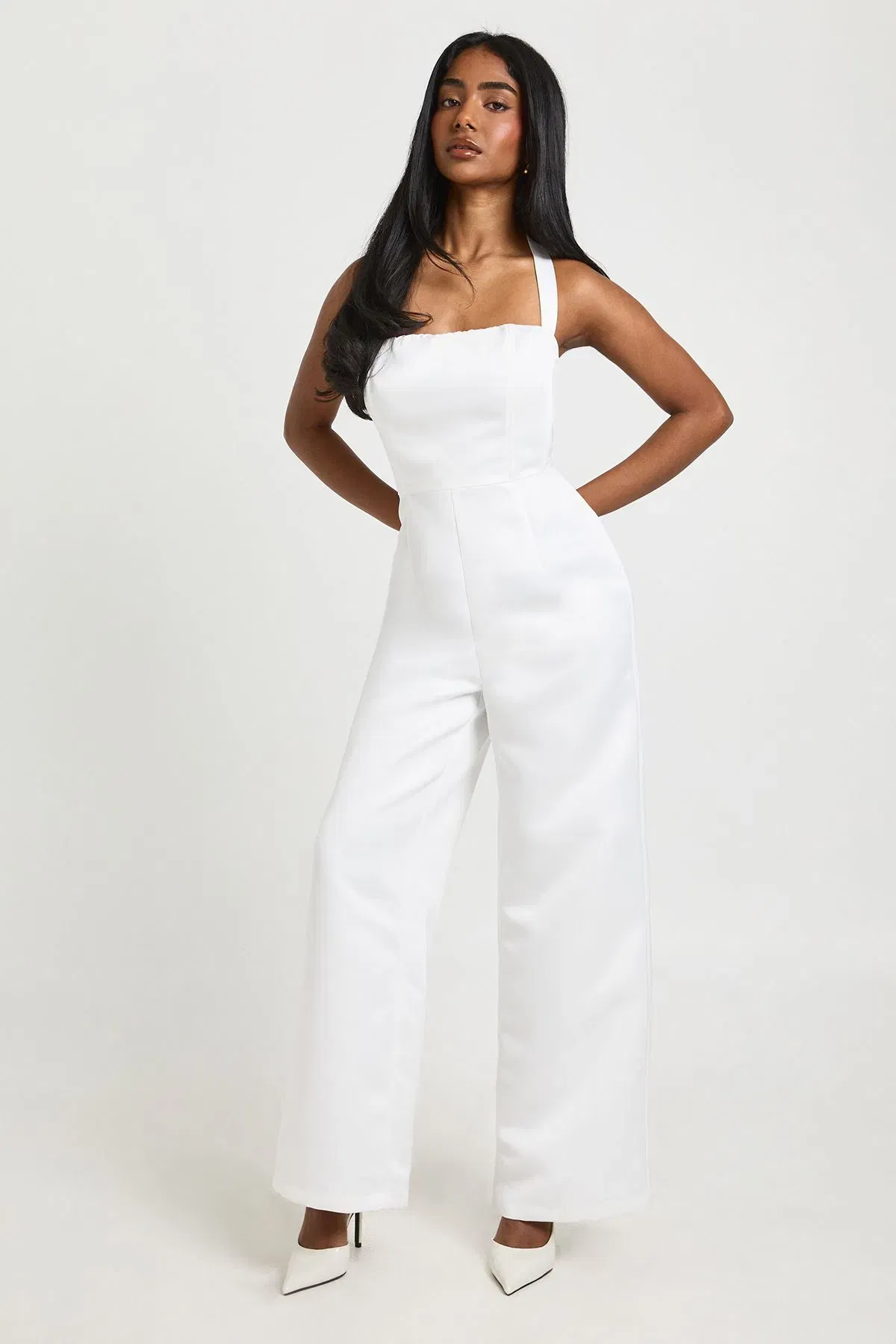 Premium Satin Boned Corset Halterneck Wide Leg Jumpsuit