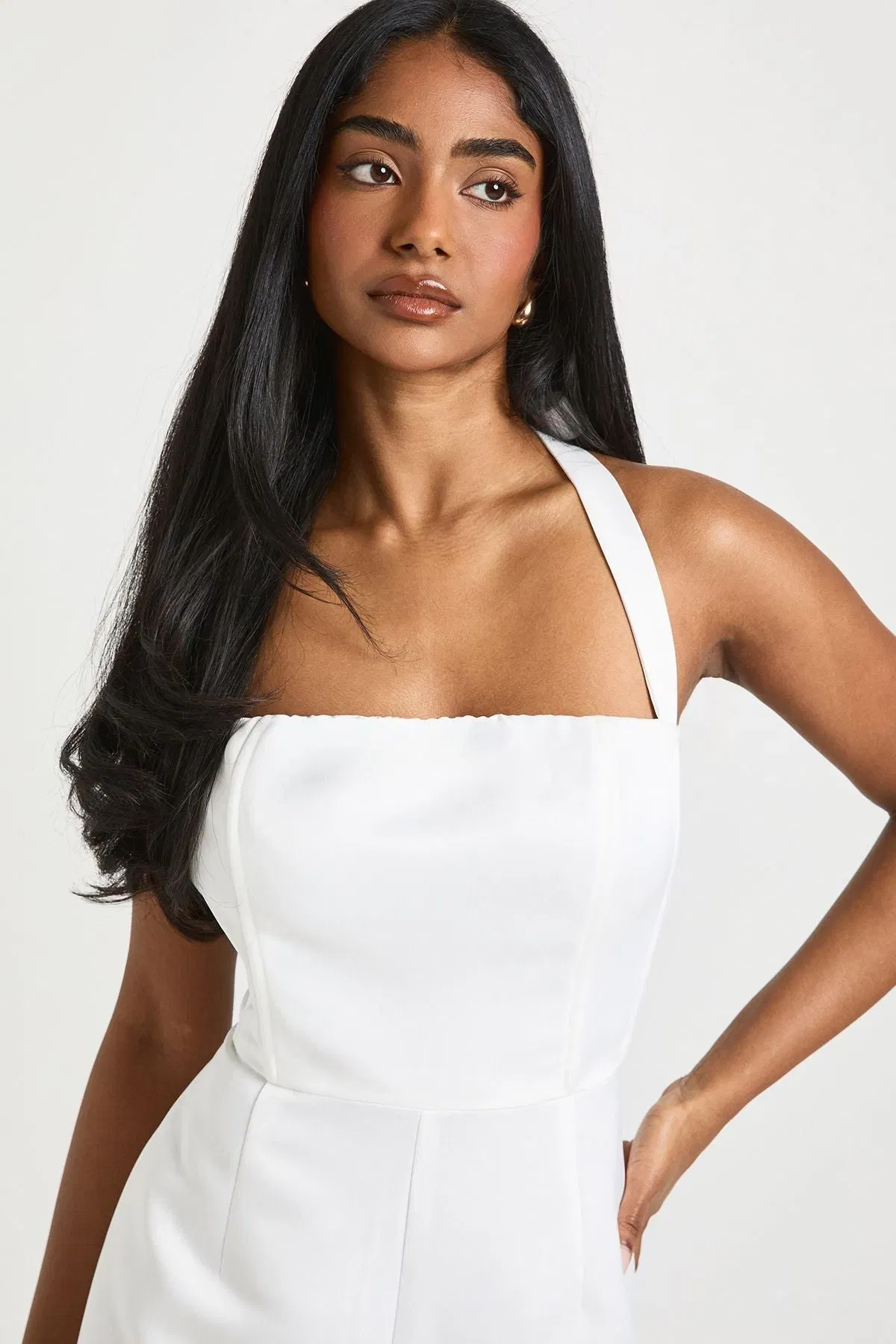 Premium Satin Boned Corset Halterneck Wide Leg Jumpsuit