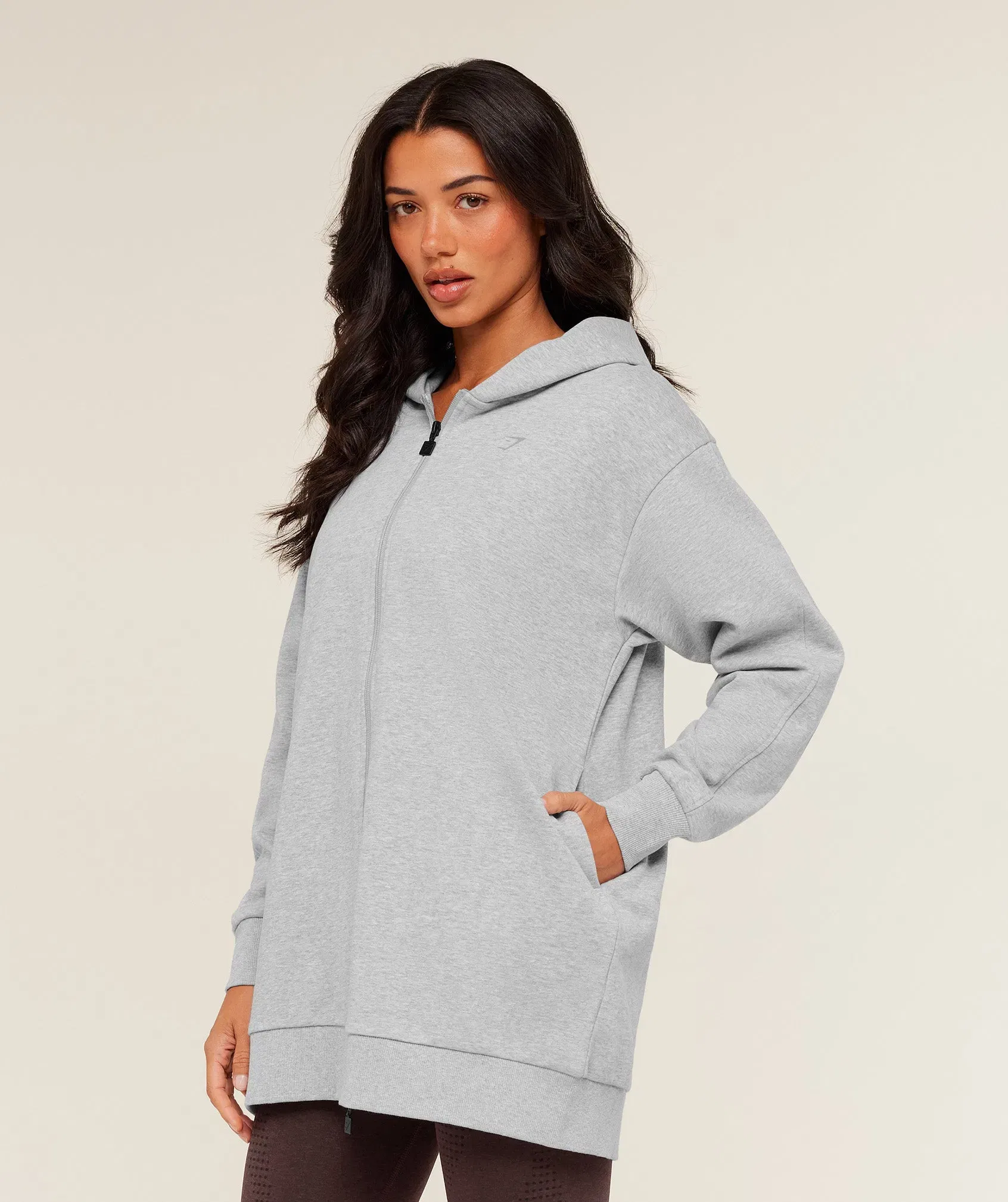 Gymshark Covered Longline Zip Up Hoodie - Light Grey Core Marl