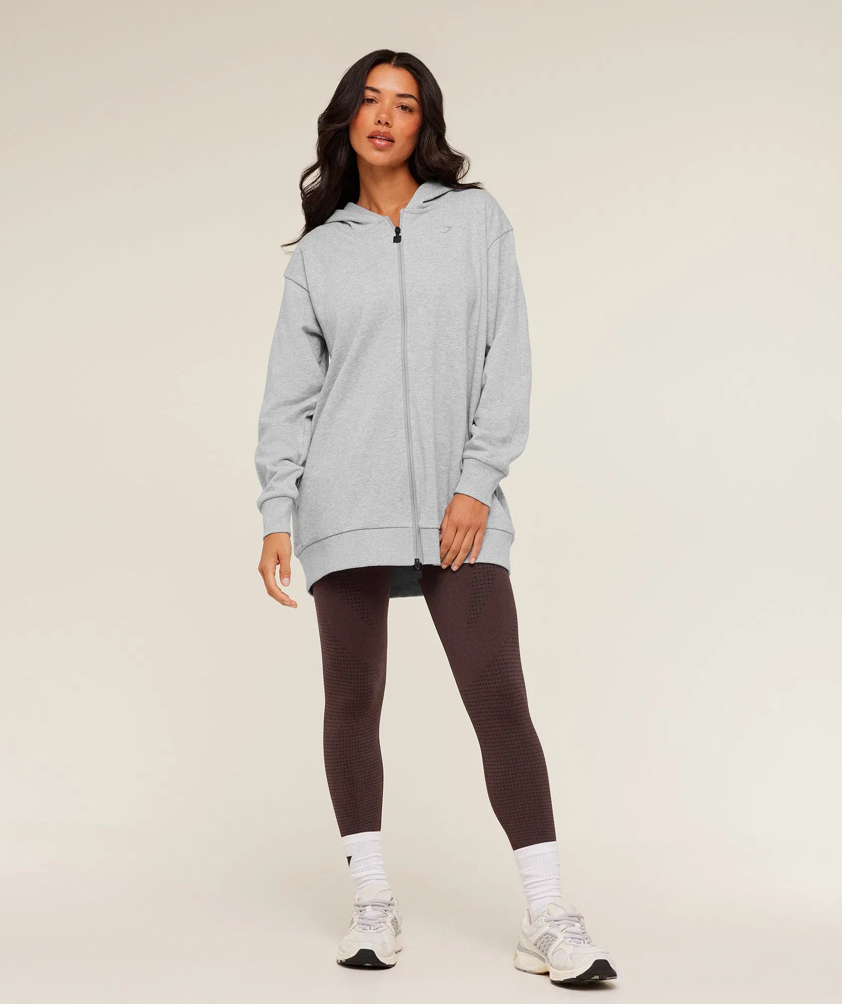 Gymshark Covered Longline Zip Up Hoodie - Light Grey Core Marl