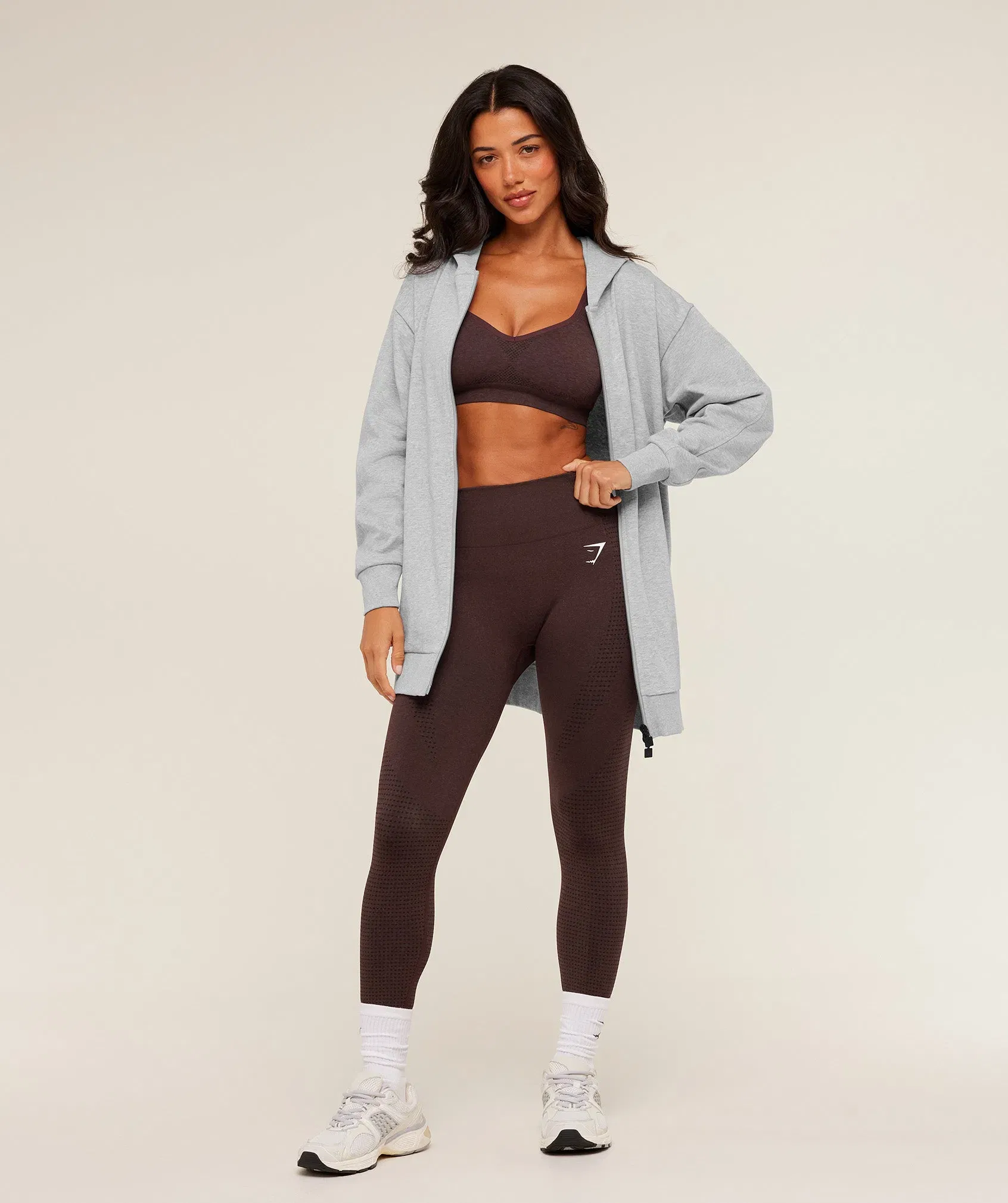 Gymshark Covered Longline Zip Up Hoodie - Light Grey Core Marl