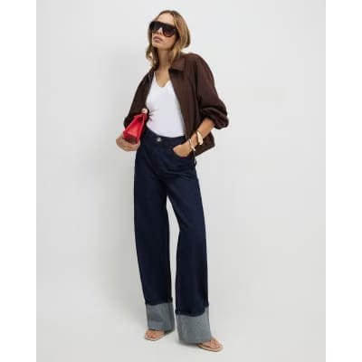Blue Relaxed Straight Turn Up Cuff Jeans