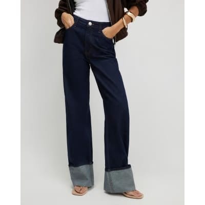 Blue Relaxed Straight Turn Up Cuff Jeans