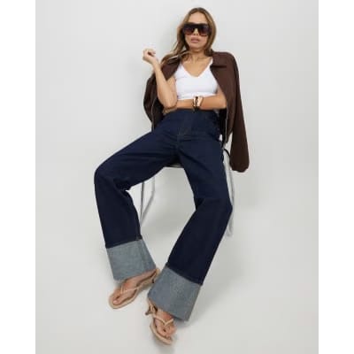 Blue Relaxed Straight Turn Up Cuff Jeans