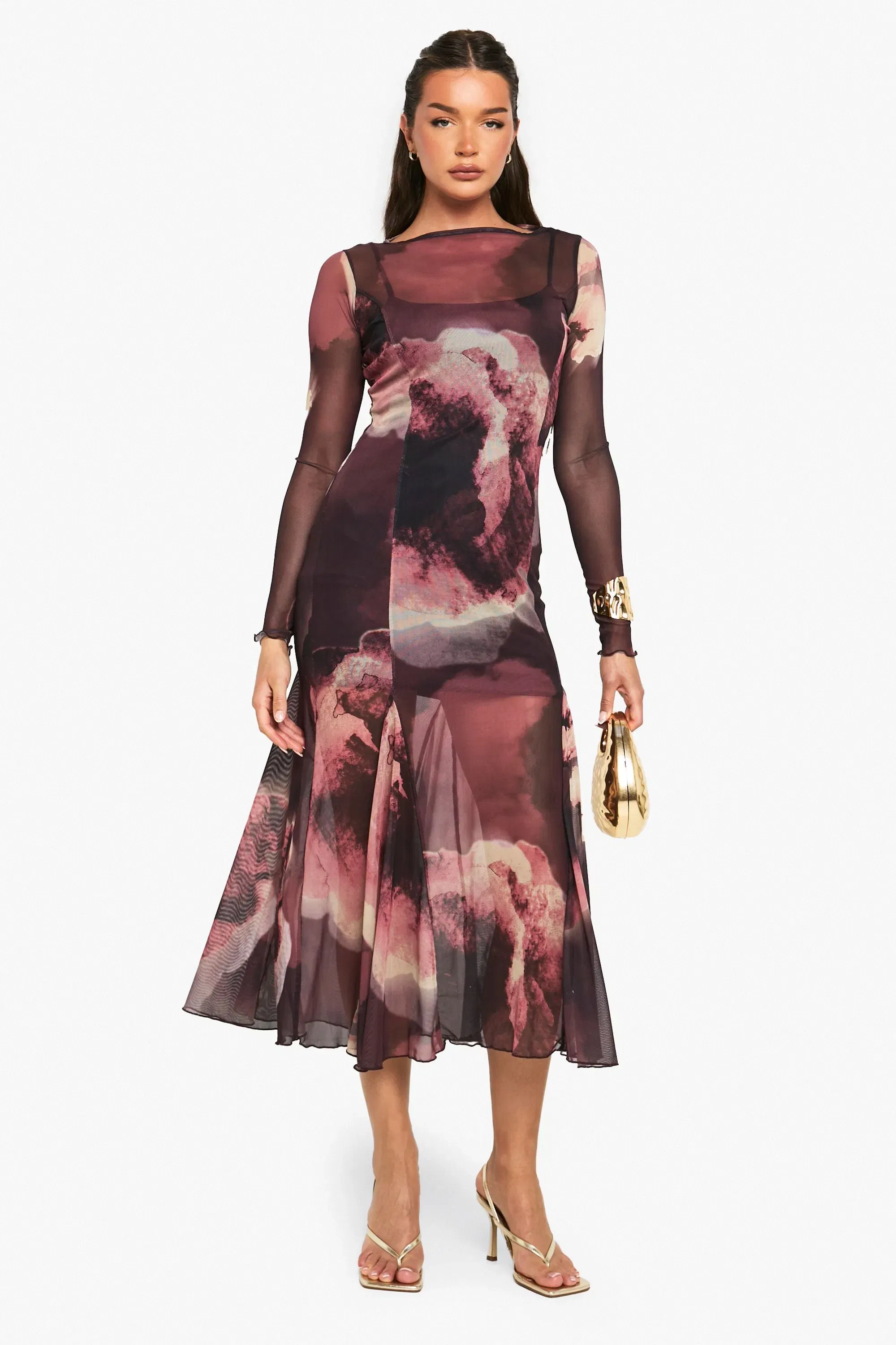 Slash Neck Floral Mesh Print Godet Hem Midaxi Dress