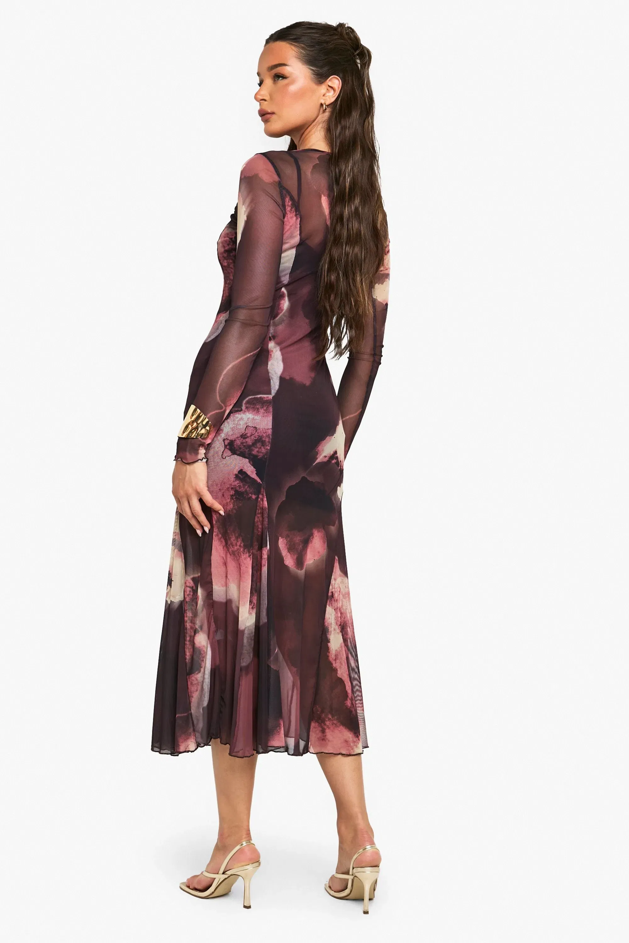 Slash Neck Floral Mesh Print Godet Hem Midaxi Dress