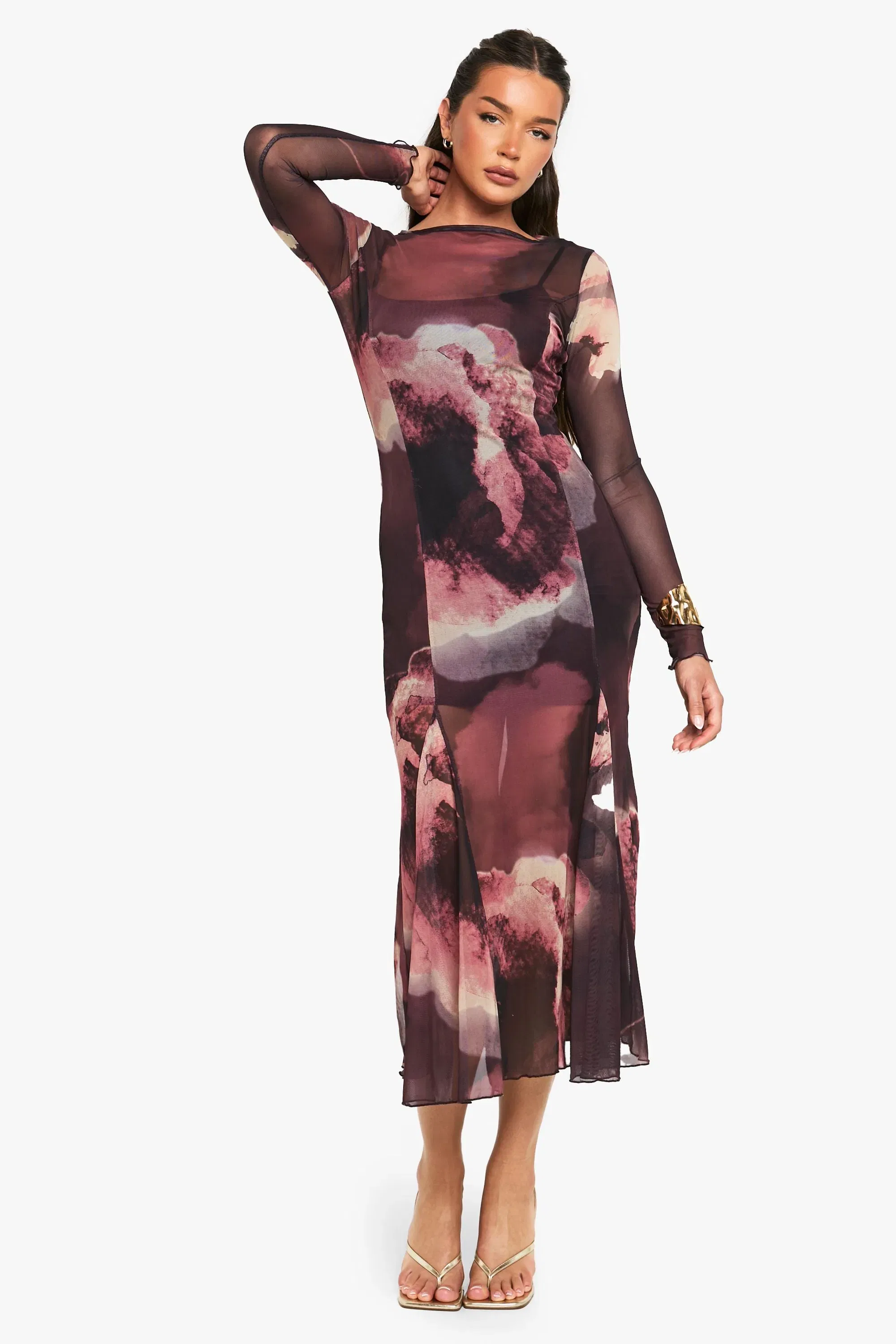 Slash Neck Floral Mesh Print Godet Hem Midaxi Dress