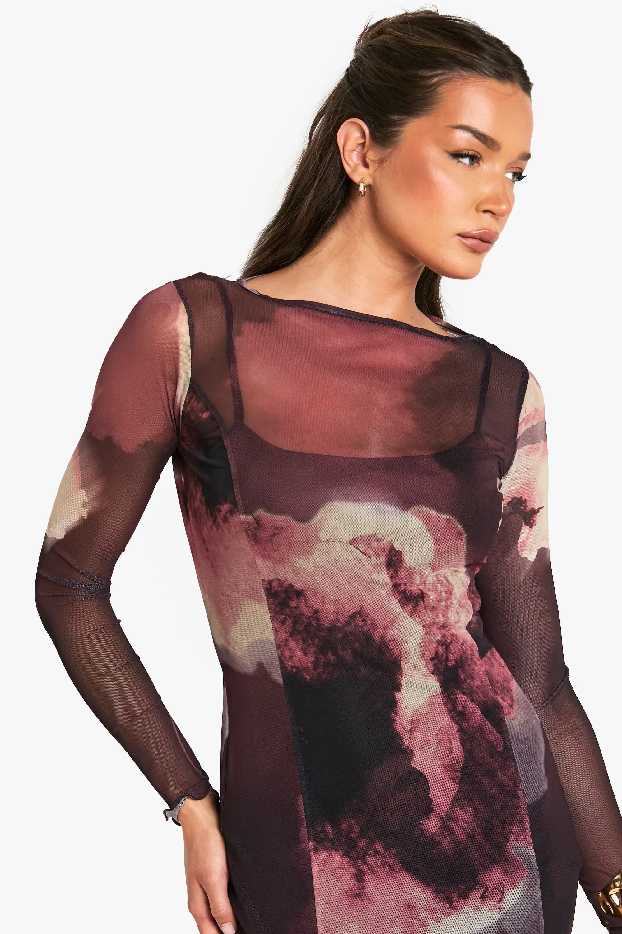 Slash Neck Floral Mesh Print Godet Hem Midaxi Dress