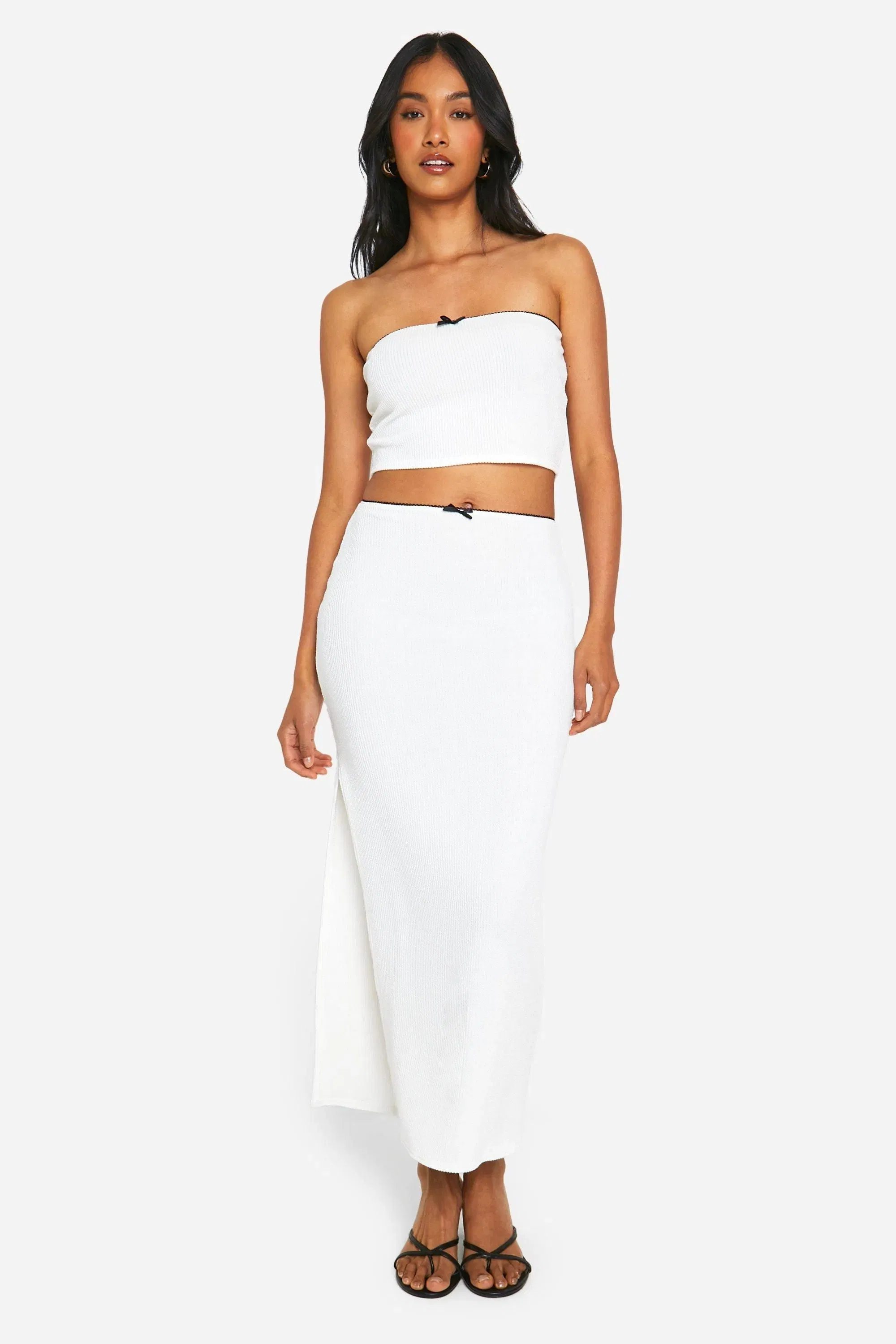Ribbed Contrast Bow Detail Midaxi Skirt