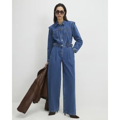Blue Denim Long Sleeve Waisted Jumpsuit
