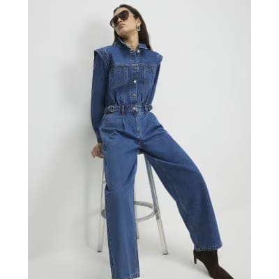 Blue Denim Long Sleeve Waisted Jumpsuit