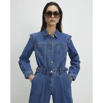 Blue Denim Long Sleeve Waisted Jumpsuit