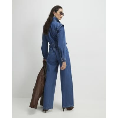 Blue Denim Long Sleeve Waisted Jumpsuit