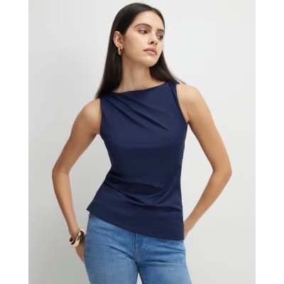 Navy Sleeveless Slash Neck Top