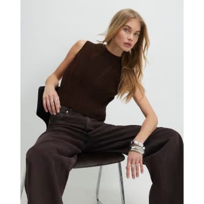 Brown Ribbed Knitted Tank Top
