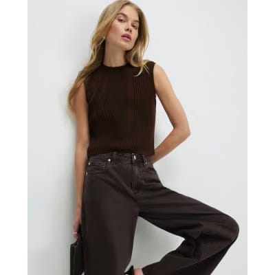 Brown Ribbed Knitted Tank Top