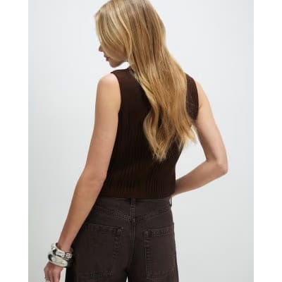 Brown Ribbed Knitted Tank Top