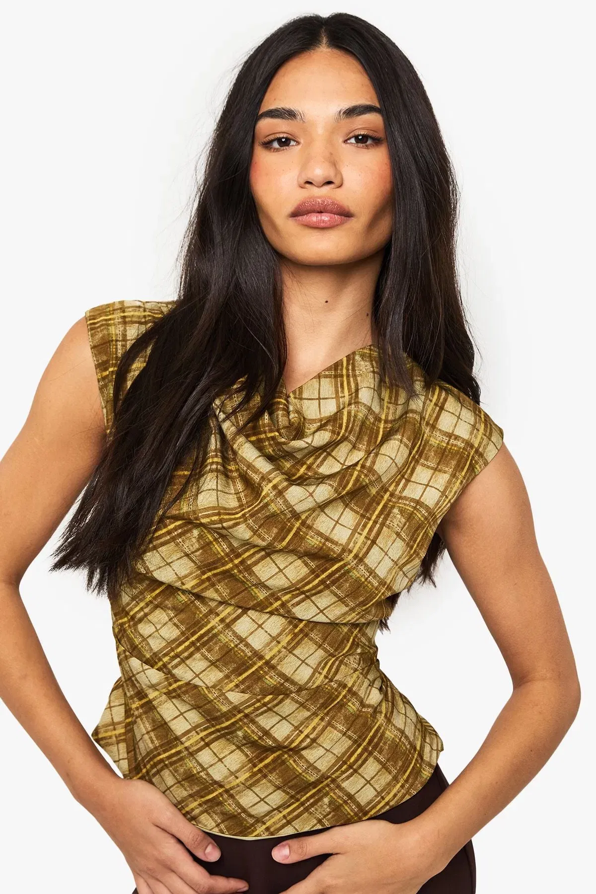 Check Print Draped Top