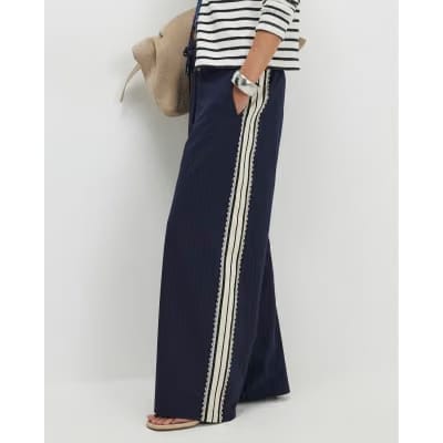 Petite Navy Pinstripe Crochet Joggers