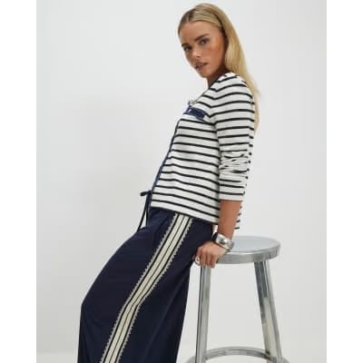 Petite Navy Pinstripe Crochet Joggers