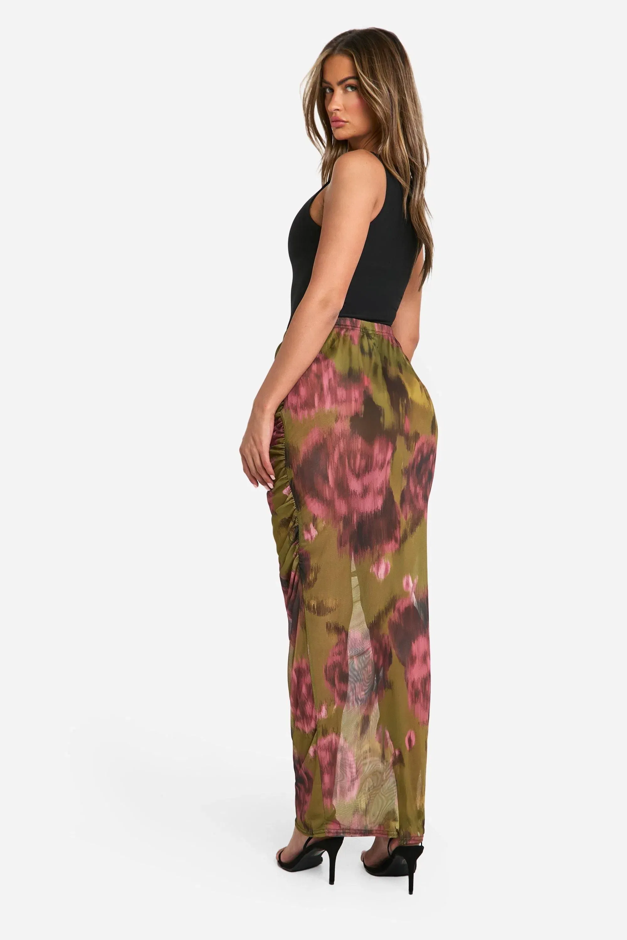 Floral Mesh Ruched Maxi Skirt