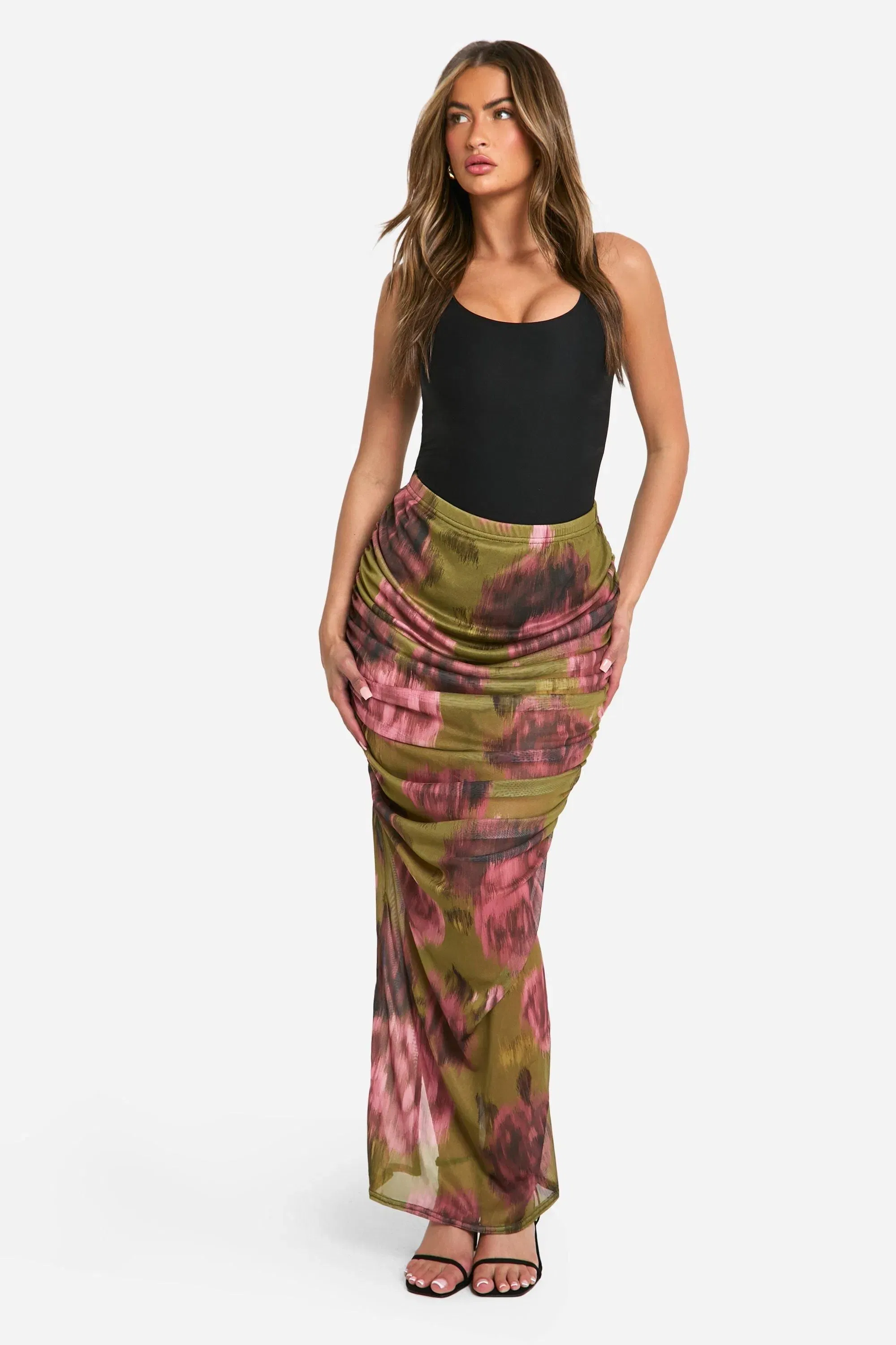 Floral Mesh Ruched Maxi Skirt