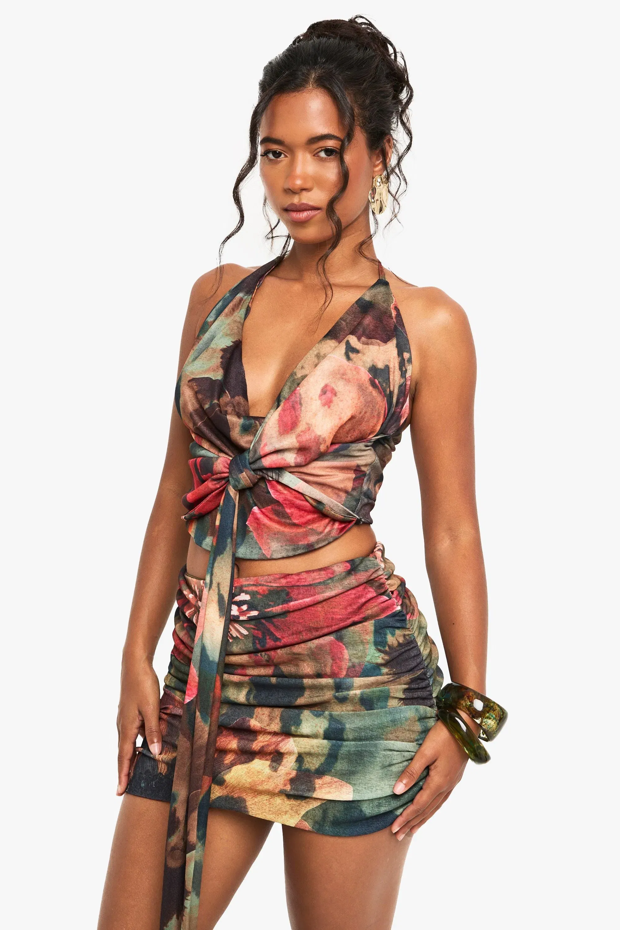 Printed Textured Mesh Ruched Front Mini Skirt