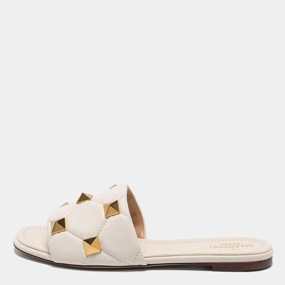 Valentino White Leather Studded Slide Flats